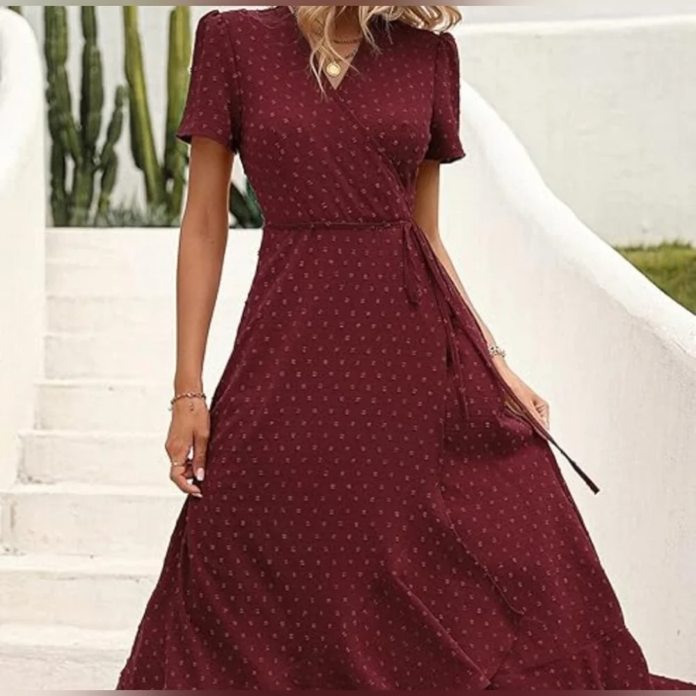 Swiss Dot Burgundy Wrap Dress - Picture 11 of 11